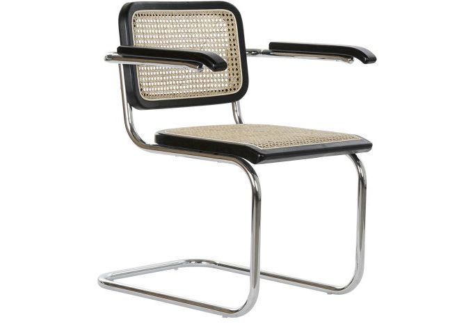 silla metal cromado con madera de olmo negra y ratán natural