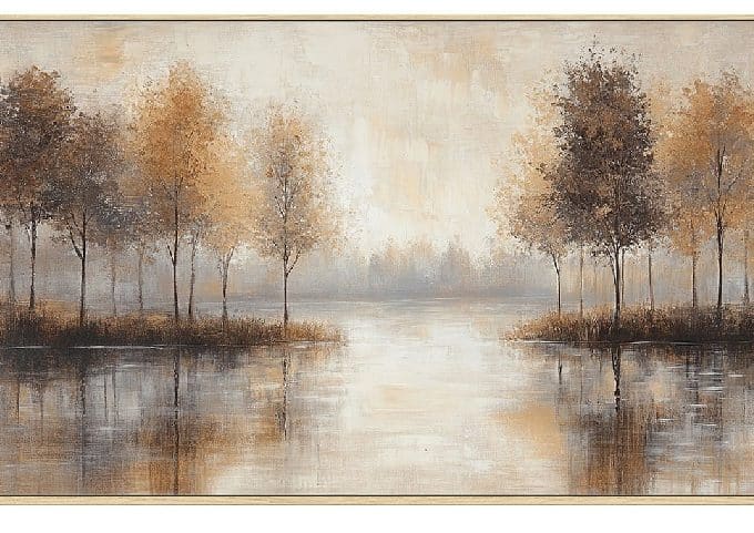 cuadro sobre lienzo de paisaje otoñal de árboles y lago en tonos marrones y grises de estilo clásico