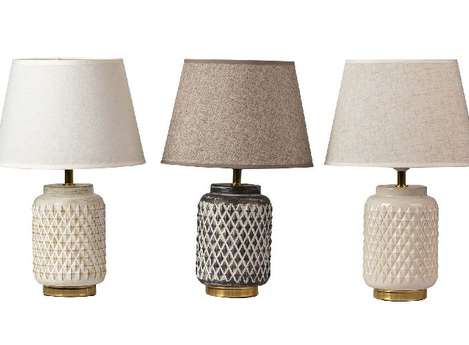 Lámpara Mesa Cerámica Beige Rombos Grabados Basile, Rústica (28dx44 cm)