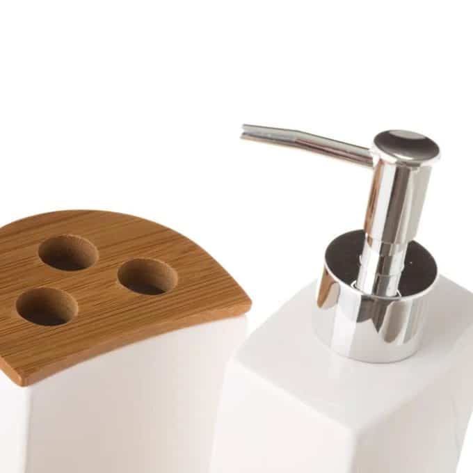 Set Dosificador Baño Cerámica Blanca y Bambú Nature