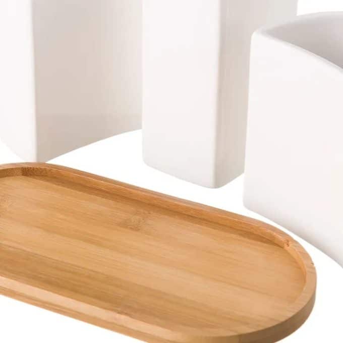 Set Dosificador Baño Cerámica Blanca y Bambú Nature