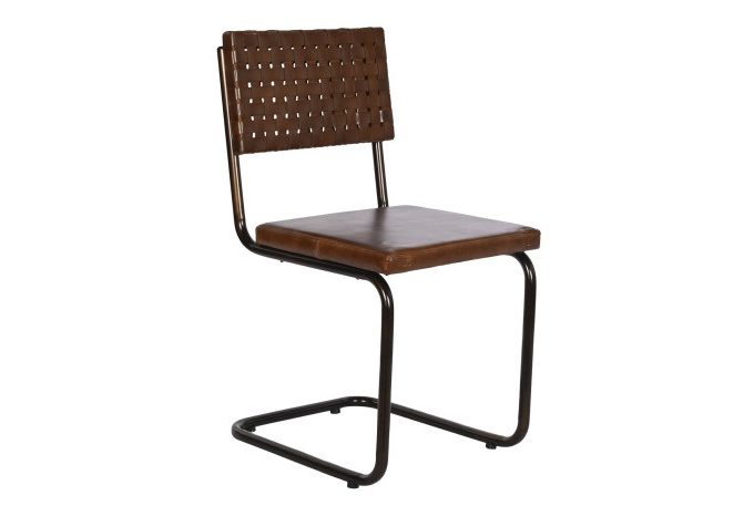 silla de metal con asiento y respaldo en piel marrón de estilo retro