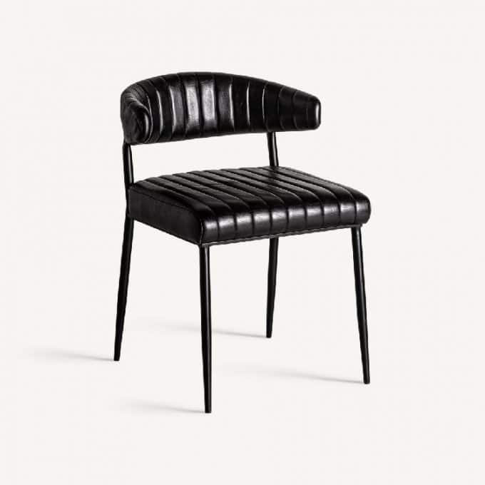 silla piel negra pespuntes y patas metal retro