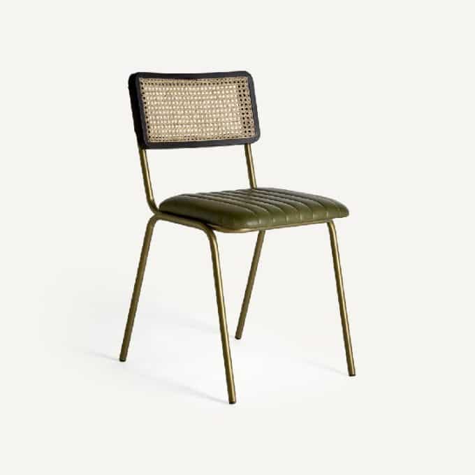 set 2 sillas piel verde combinada con ratán y metal dorado de estilo vintage