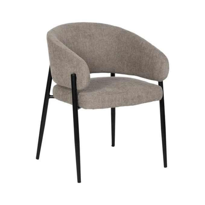 silla respaldo curvo tapizada en tejido taupe y patas de metal