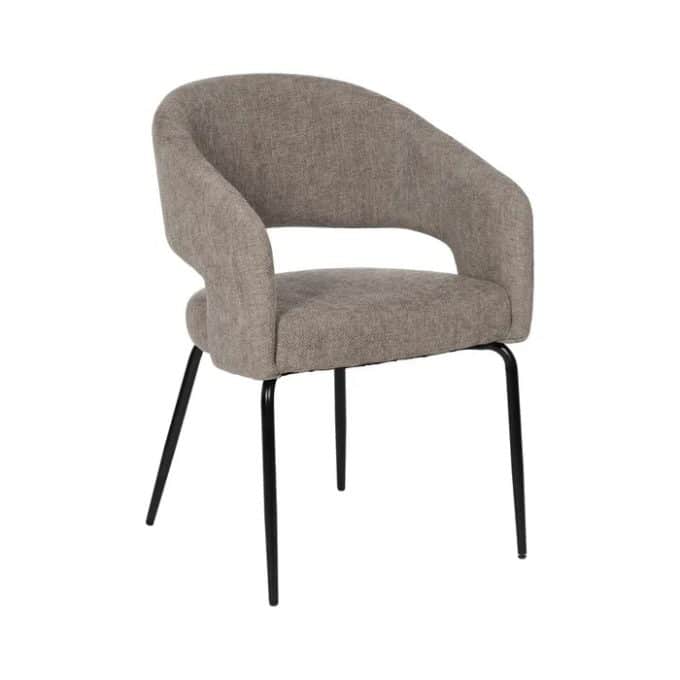 silla tapizada en chenilla gris con patas de metal
