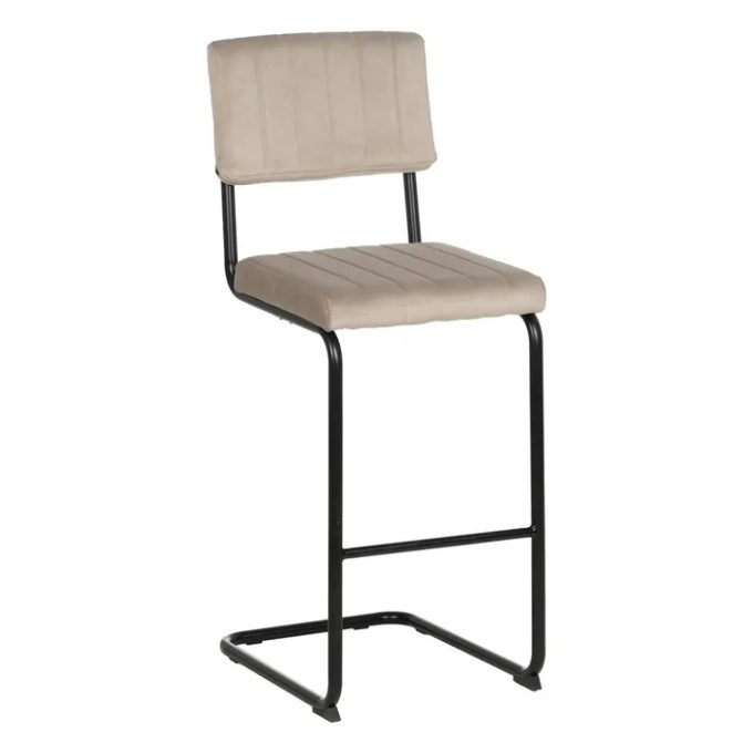 taburete metal negro con asiento y respaldo en terciopelo beige de estilo retro