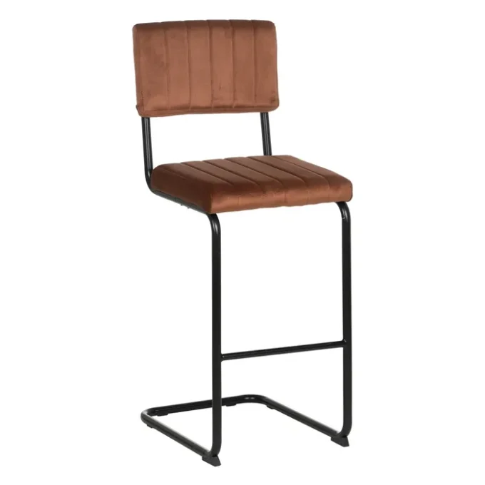 taburete metal negro con asiento y respaldo tapizado en terciopelo marrón de estilo retro