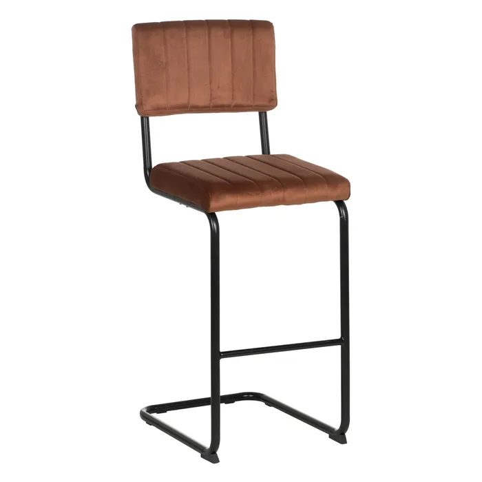 taburete metal negro con asiento y respaldo tapizado en terciopelo marrón de estilo retro
