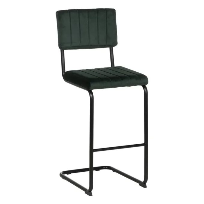 taburete metal negro con asiento y respaldo en terciopelo verde de estilo retro