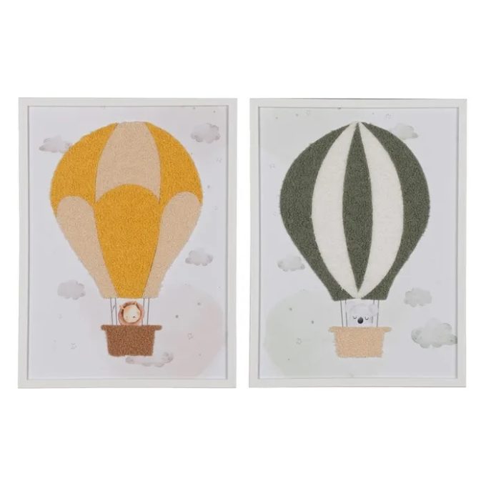 Set 2 cuadros infantiles con dibujos de globos multicolor y detalles de tejido
