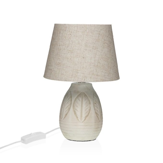 lámpara mesa base cerámica beige con hojas grabadas