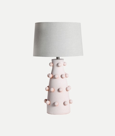 lámpara de mesa con base en cerámica rosa palo y tulipa gris claro