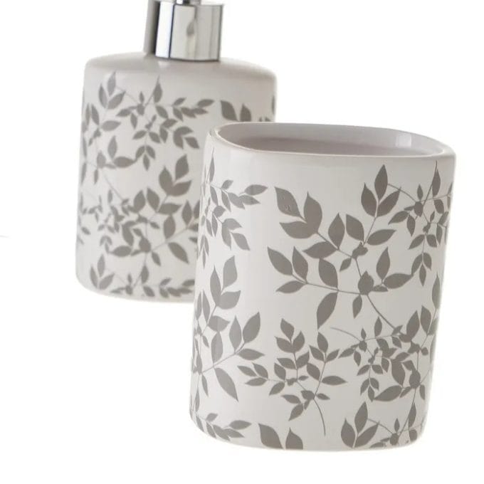 Set Baño Cerámica Blanca Ramas Grises (8dx6x16 cm)
