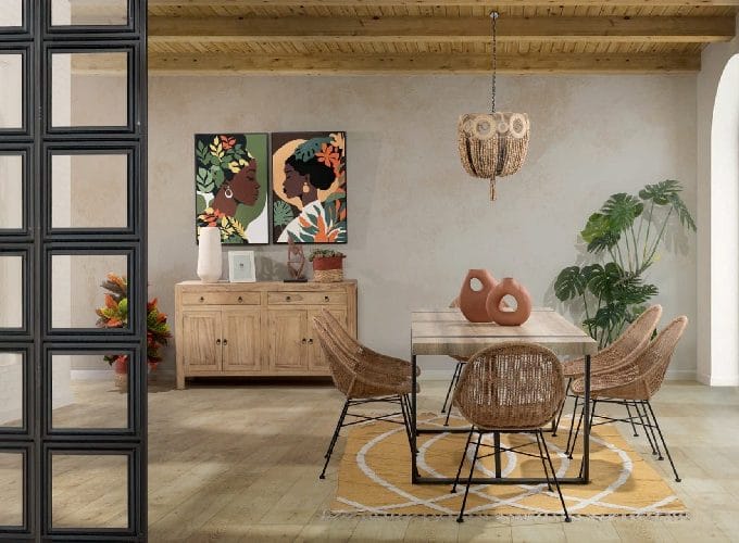 Lámpara Techo Cuentas Madera y Aros de Yute Eleonora,Rústica (46dx52 cm)