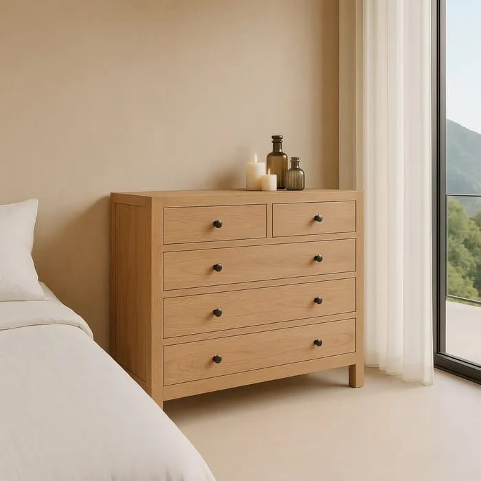 cómoda de tres cajones en madera de mindi natural y estilo nórdico