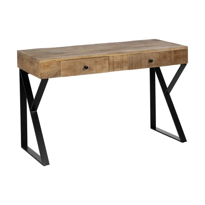 escritorio de madera de mango con cajones y patas de metal negro
