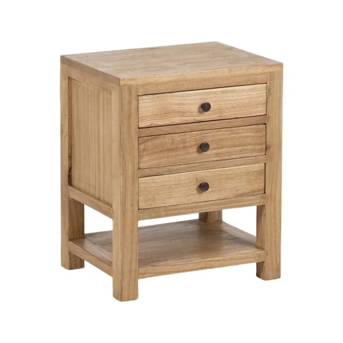 mesita de noche de tres cajones y estante inferior en madera de mindi natural y estilo nórdico
