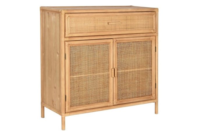 aparador en madera de abeto combinada con ratán de dos puertas y un cajón
