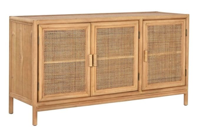 aparador en madera de abeto combinada con ratán de tres puertas