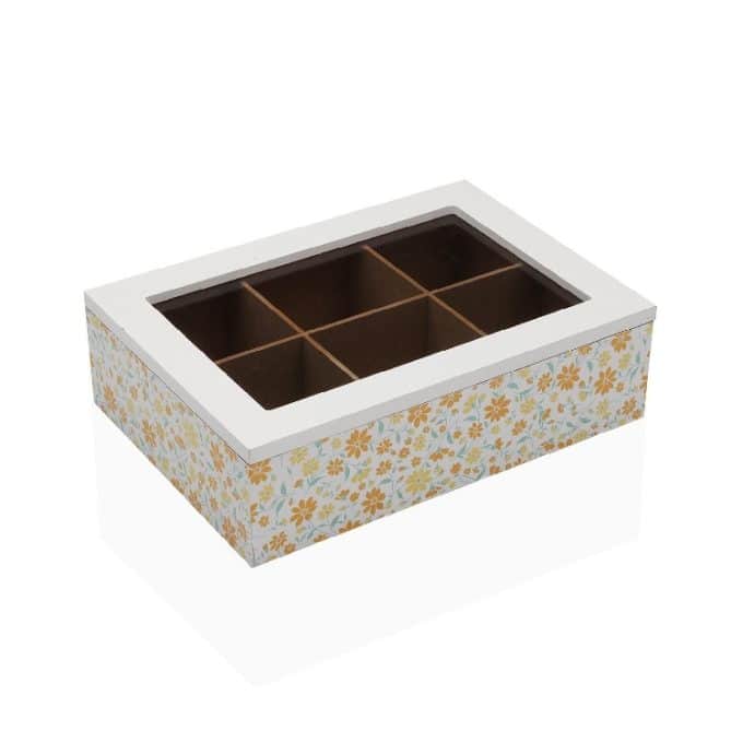 caja de té en madera blanca con dibujos de florecillas naranjas