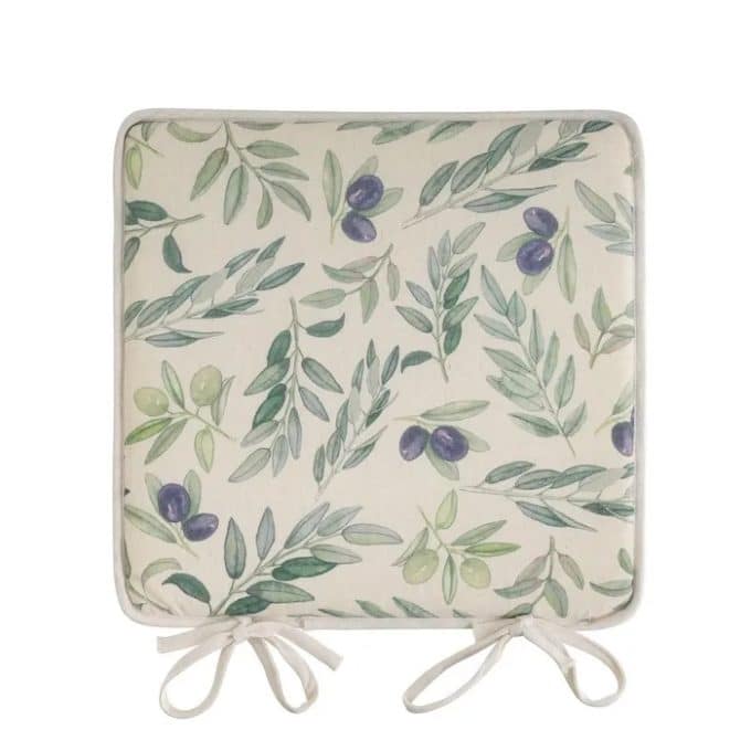 cojín silla beige con estampado de ramas de aceitunas en verdes y morado de estilo vintage