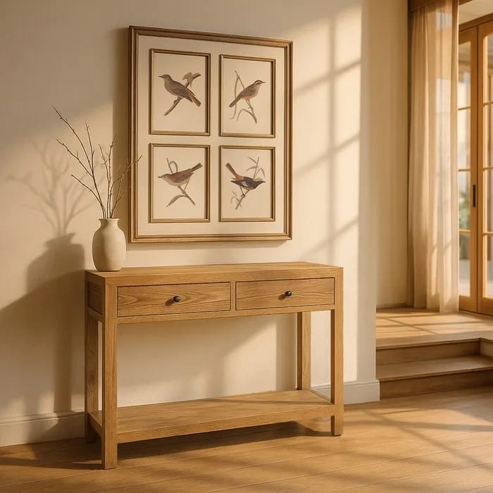 consola de dos cajones en madera de mindi y estilo nórdico