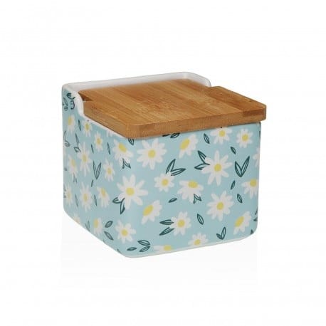 salero cerámica azul con margaritas blancas y tapa de bambú