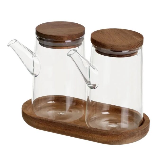 set de aceitera y vinagrera de cristal combinada con madera de acacia