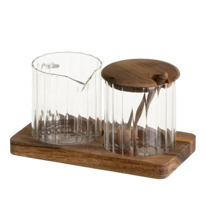 set de azucarero y lechera en madera de acacia y cristal