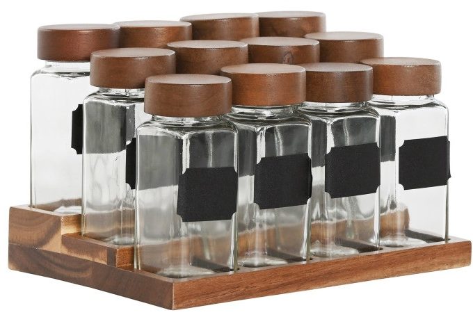 especiero de 12 botes en cristal y madera de acacia