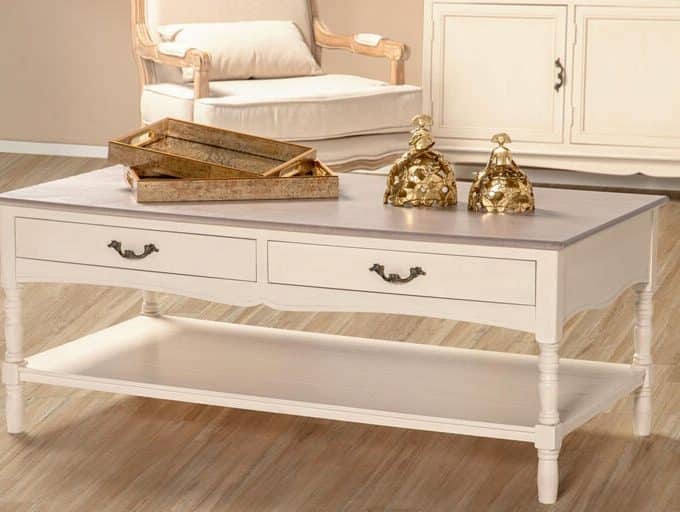 Mesa de Centro de Madera Beige y Natural conCajones Inés, Provenzal (120x48x60 cm)
