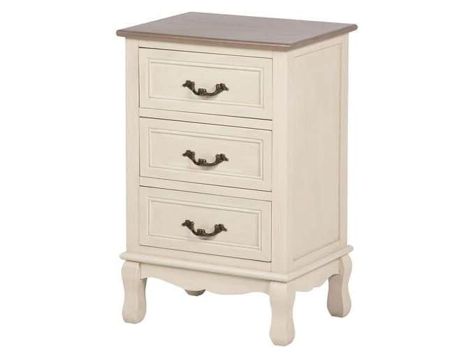 mesita de noche en madera de pino beige combinada con natural de tres cajones