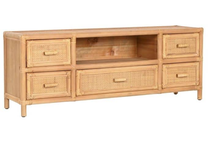 mueble tv cajones y hueco central en madera de abeto y ratán de estilo cannage