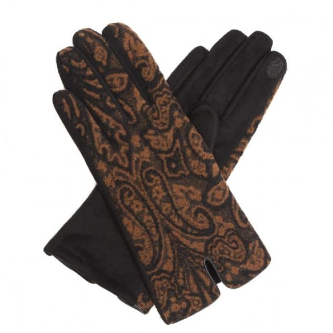 guantes negros de antelina y lana con esampados en tonos marrones