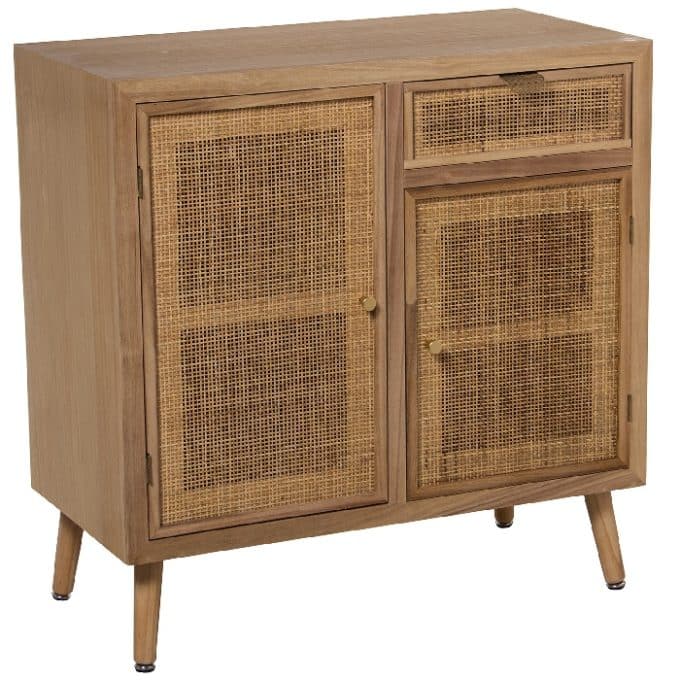 mueble auxiliar en madera de pino y rejilla trenzada