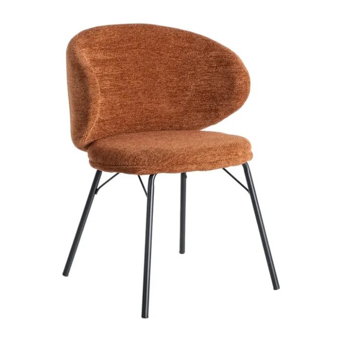 silla de respaldo curvo tapizada en chenilla de color naranja y estilo art decó