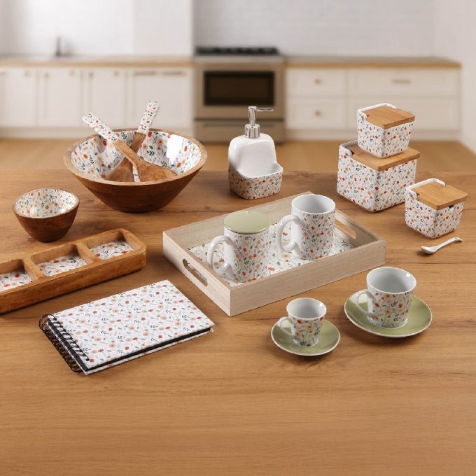 Caja Té Madera Blanca Flores Naranjas Candela Vintage (24x17x7 cm)