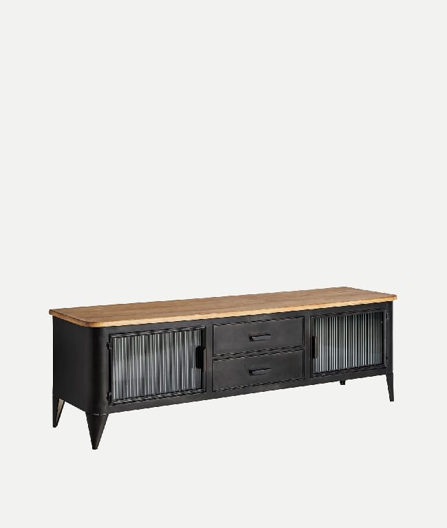 mueble tv en metal negro combinado con madera de dos cajones y dos puertas de estilo industrial