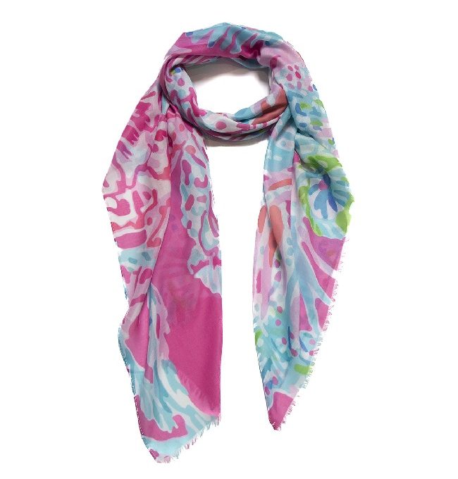 pañuelo foulard con estampado de algas marinas en tonos rosas y fucsias