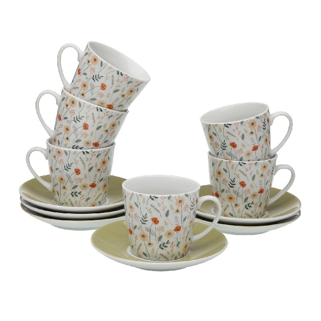 Set de 6 tazas de té en porcelana blanca con detalle de florecillas naranjas de estilo vintage