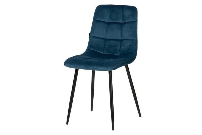 silla tapizada en terciopelo azul oscuro con las patas de metal de estilo vintage