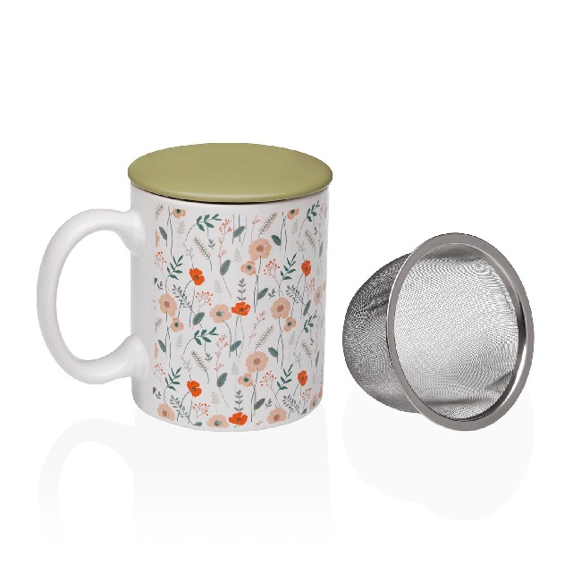 taza infusión con filtro en gres blanco con florecillas anaranjadas