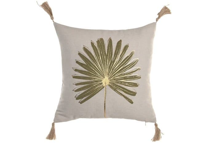 cojín en algodón y yute con estampado de hoja de palmito