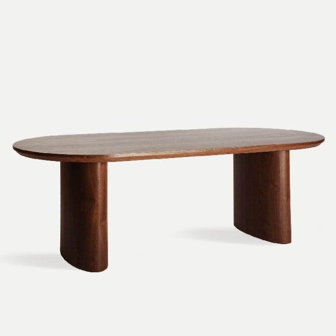 mesa de comedor ovalada en dm y chapa color nogal de 220 cm y estilo contemporáneo
