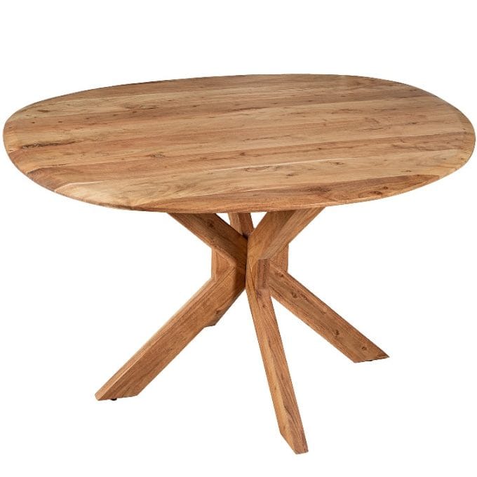mesa de comedor ovalada en madera de mango con patas cruzadas de estilo rústico