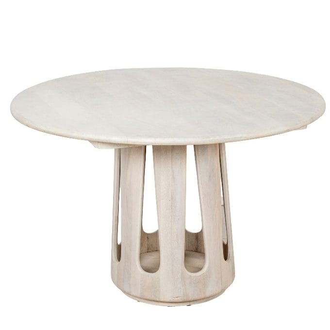 mesa de comedor redonda en madera d emango blanco con base cilindrica calada de 120 cm