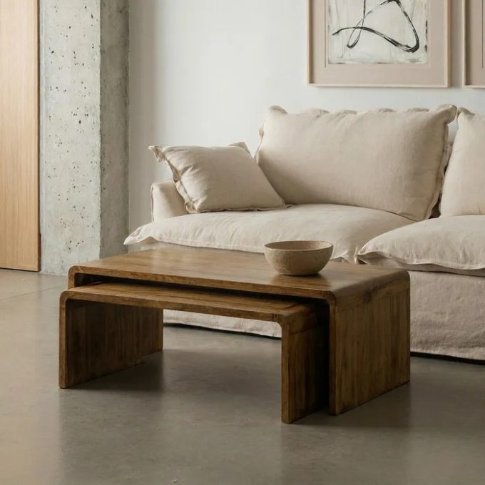 Set 2 Mesas Centro Nido en Madera de Mango Akira, Estilo Japandi (100x50x35 cm)