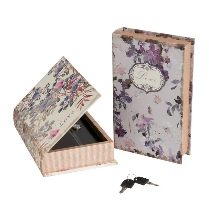 caja libro en dm y tela con flores lavanda de estilo vintage