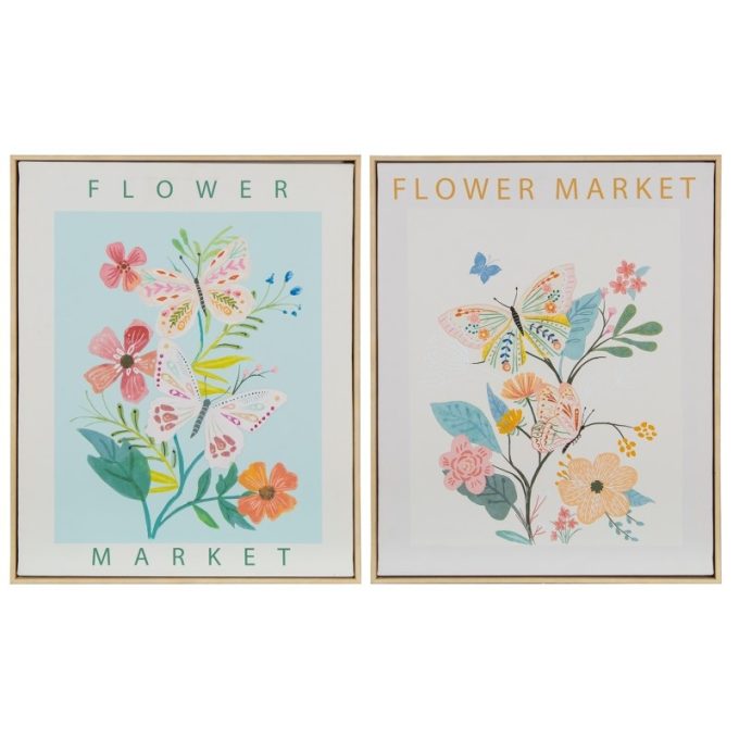 set 2 cuadros con motivos de flores y mariposas multicolor de estilo naïf